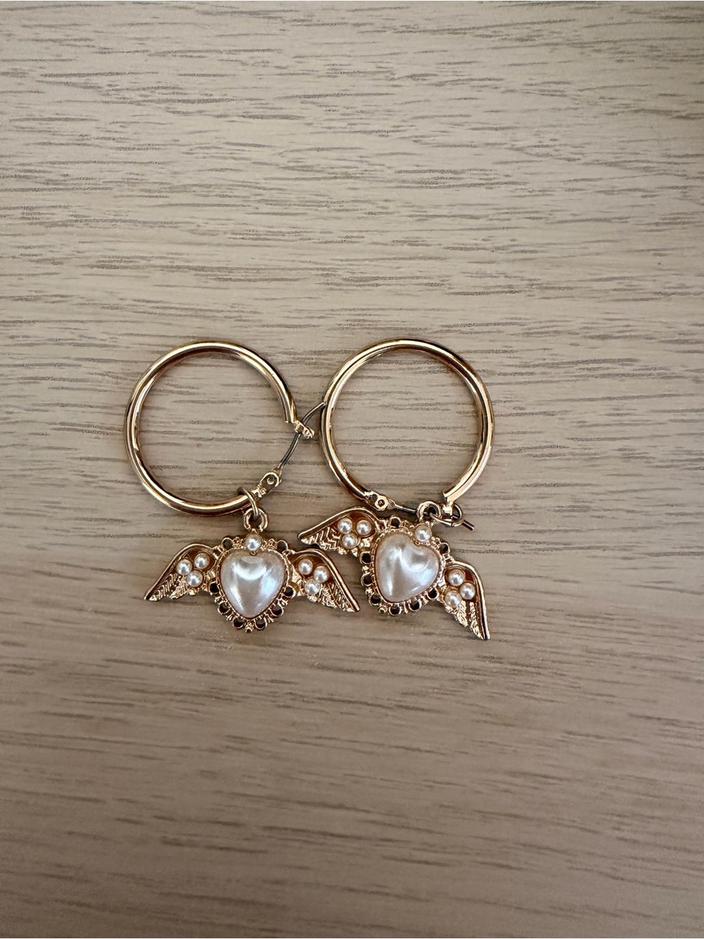 Gold-Tone Heart Wing Hoop Earrings with Pearl Centers - Women Jewelry